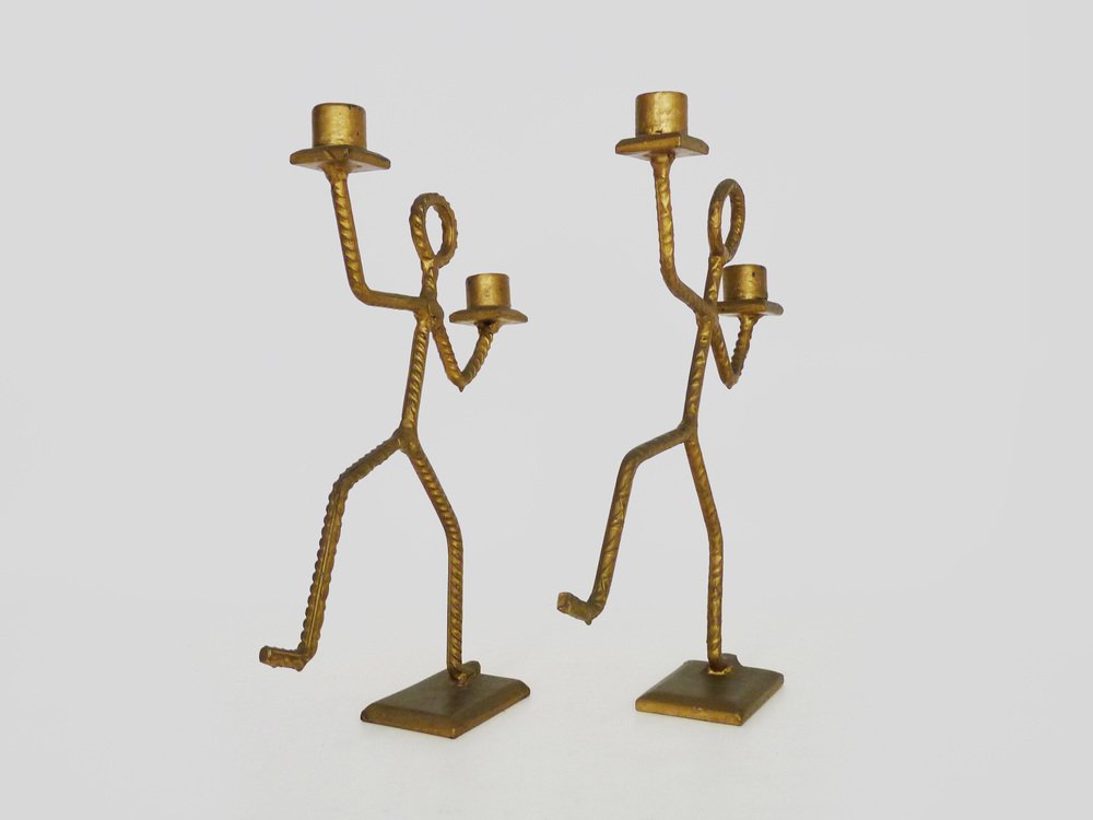 Dancing Man Candleholders in Welded Metal Rod, 1970s, Set of 2