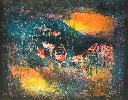 Dang Lebadang, Paysage du Vietnam - village de pêcheurs III, 1970s, Lithograph