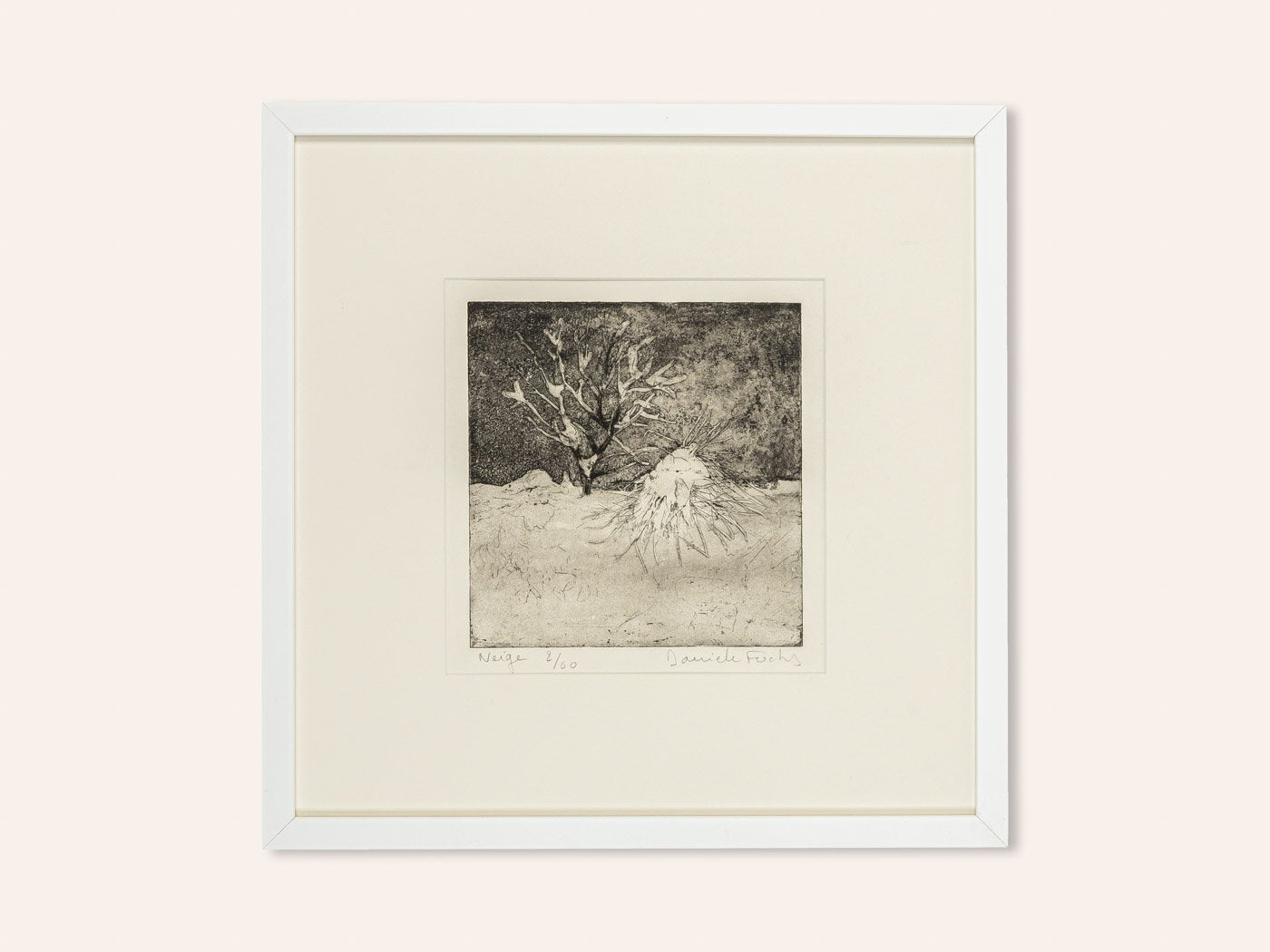 Danièle Fuchs, Neige, Black and White Etching on Paper, Framed