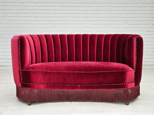 Danish 2-Seater Banana Sofa in Cherry-Red Velour, 1970s-TMW-2016409