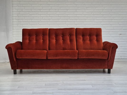 Danish 3 Seater Sofa in Brown-Red Velour, 1980s-TMW-1814774