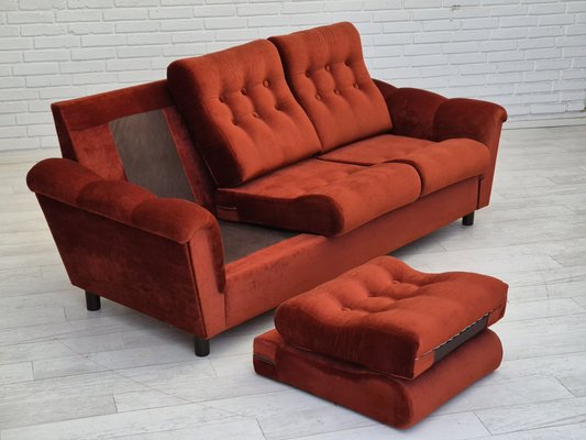 Danish 3 Seater Sofa in Brown-Red Velour, 1980s-TMW-1814774