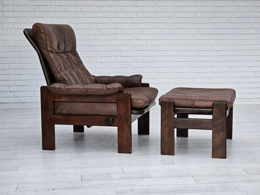 Danish Adjustable Lounge Chair with Footstool in Brown Leather from Skippers Møbler, 1970s, Set of 2-TMW-1744363