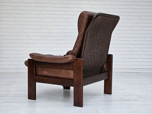 Danish Adjustable Lounge Chair with Footstool in Brown Leather from Skippers Møbler, 1970s, Set of 2-TMW-1744363