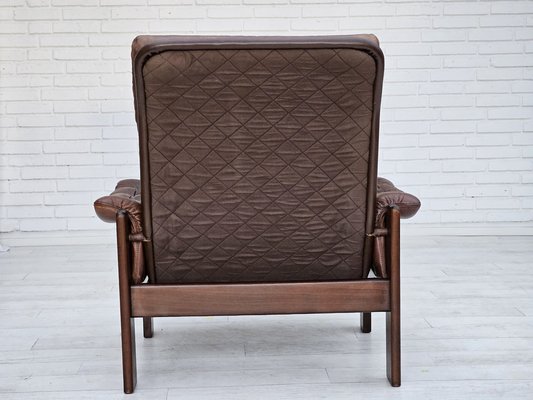 Danish Adjustable Lounge Chair with Footstool in Brown Leather from Skippers Møbler, 1970s, Set of 2-TMW-1744363