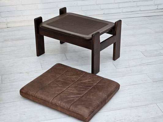 Danish Adjustable Lounge Chair with Footstool in Brown Leather from Skippers Møbler, 1970s, Set of 2-TMW-1744363