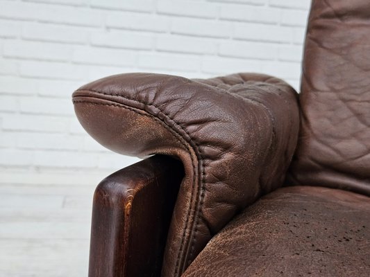 Danish Adjustable Lounge Chair with Footstool in Brown Leather from Skippers Møbler, 1970s, Set of 2-TMW-1744363