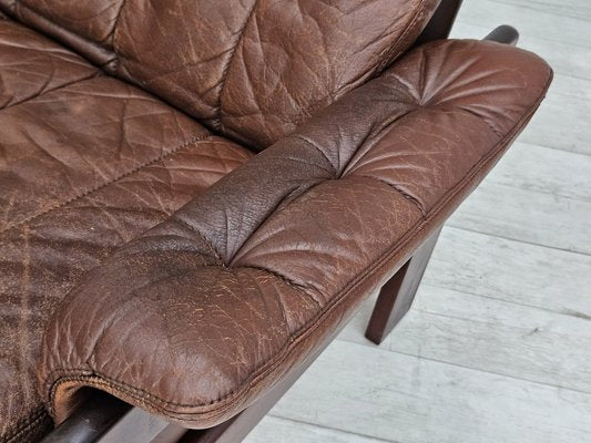 Danish Adjustable Lounge Chair with Footstool in Brown Leather from Skippers Møbler, 1970s, Set of 2-TMW-1744363