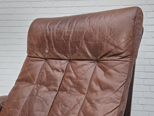 Danish Adjustable Lounge Chair with Footstool in Brown Leather from Skippers Møbler, 1970s, Set of 2-TMW-1744363