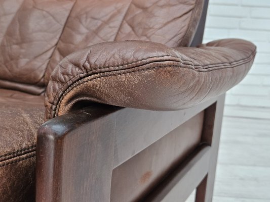 Danish Adjustable Lounge Chair with Footstool in Brown Leather from Skippers Møbler, 1970s, Set of 2-TMW-1744363