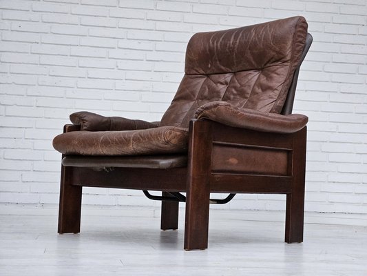 Danish Adjustable Lounge Chair with Footstool in Brown Leather from Skippers Møbler, 1970s, Set of 2-TMW-1744363