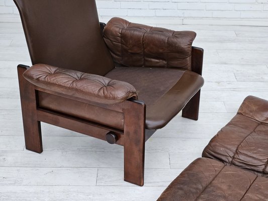 Danish Adjustable Lounge Chair with Footstool in Brown Leather from Skippers Møbler, 1970s, Set of 2-TMW-1744363