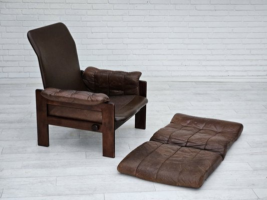 Danish Adjustable Lounge Chair with Footstool in Brown Leather from Skippers Møbler, 1970s, Set of 2-TMW-1744363