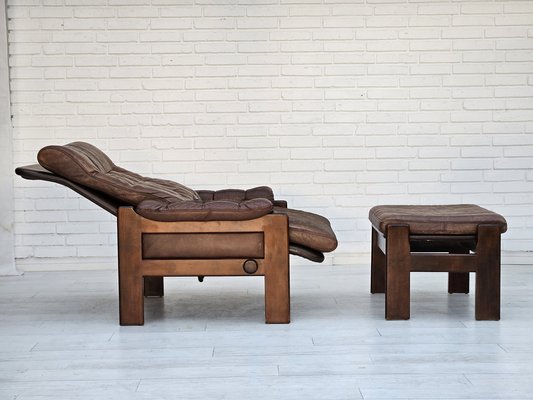 Danish Adjustable Lounge Chair with Footstool in Brown Leather from Skippers Møbler, 1970s, Set of 2-TMW-1744363