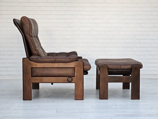 Danish Adjustable Lounge Chair with Footstool in Brown Leather from Skippers Møbler, 1970s, Set of 2-TMW-1744363