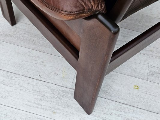 Danish Adjustable Lounge Chair with Footstool in Brown Leather from Skippers Møbler, 1970s, Set of 2-TMW-1744363