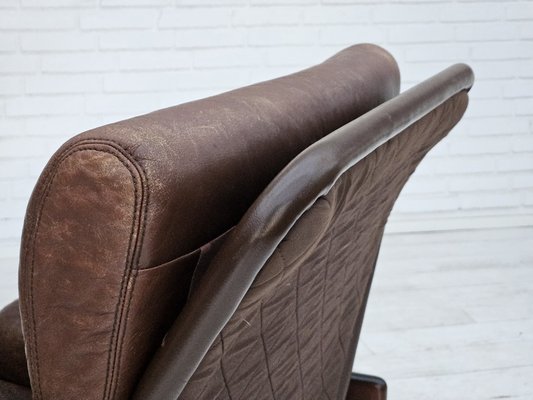 Danish Adjustable Lounge Chair with Footstool in Brown Leather from Skippers Møbler, 1970s, Set of 2-TMW-1744363