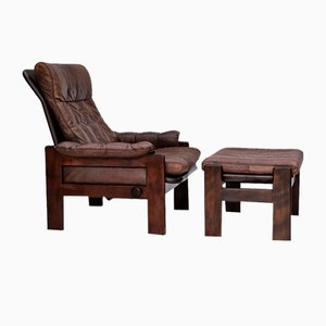 Danish Adjustable Lounge Chair with Footstool in Brown Leather from Skippers Møbler, 1970s, Set of 2-TMW-1744363