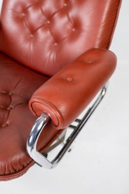 Danish Armchair with Red Leather and Frame of Metal, 1960s-UY-980668