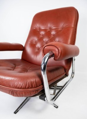 Danish Armchair with Red Leather and Frame of Metal, 1960s-UY-980668