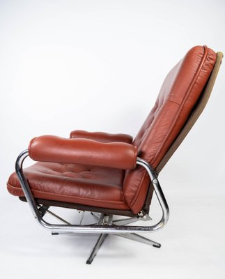 Danish Armchair with Red Leather and Frame of Metal, 1960s-UY-980668