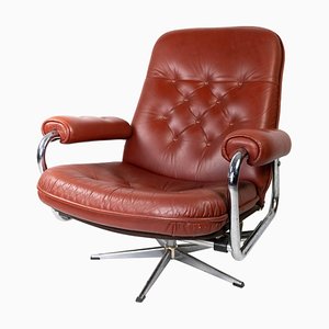 Danish Armchair with Red Leather and Frame of Metal, 1960s-UY-980668