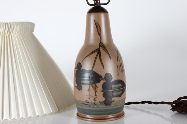 Danish Art Deco Table Lamp in Ceramic with Swimming Ducks + Le Klint Shade by L. Hjorth, 1940s-QQ-1758343