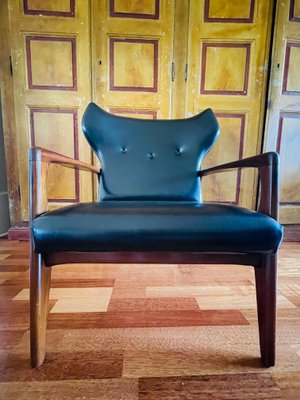 Danish Black Leather and Wood Armchair in the Style of Madsen & Schubell-WQJ-1349008