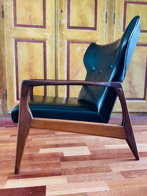 Danish Black Leather and Wood Armchair in the Style of Madsen & Schubell-WQJ-1349008