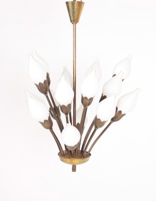 Danish Brass and Glass Tulip Chandelier from Fog & Mørup, 1950s-FK-704952