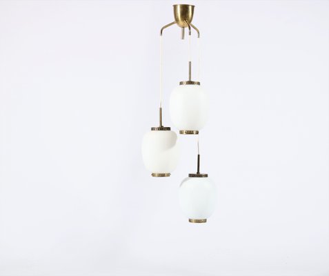 Danish Brass and Opaline Glass Chandelier by Bent Karlby for Lyfa, 1950s-WRF-568321