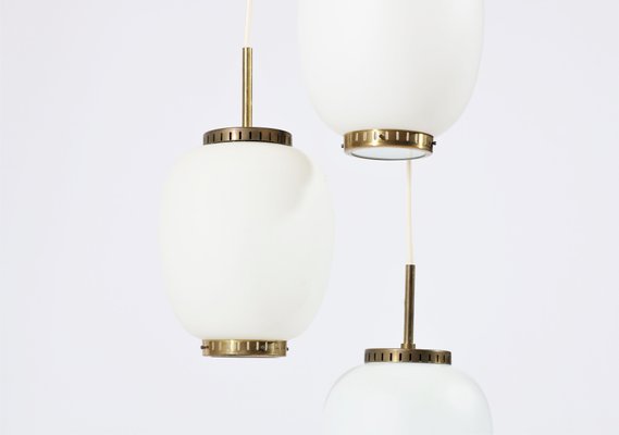 Danish Brass and Opaline Glass Chandelier by Bent Karlby for Lyfa, 1950s-WRF-568321