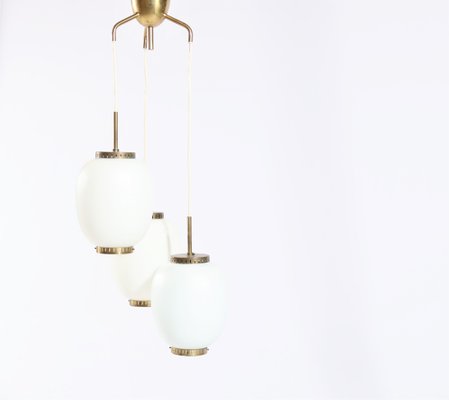 Danish Brass and Opaline Glass Chandelier by Bent Karlby for Lyfa, 1950s-WRF-568321