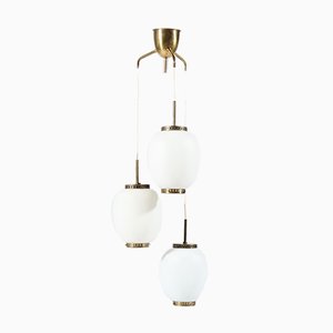 Danish Brass and Opaline Glass Chandelier by Bent Karlby for Lyfa, 1950s-WRF-568321