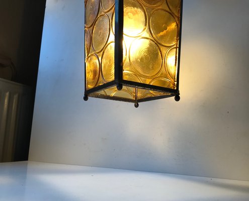 Danish Brass & Yellow Glass Funkis Ceiling Lamp, 1950s-LCR-666105