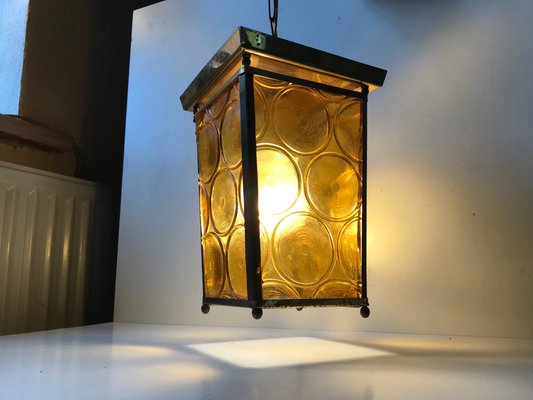 Danish Brass & Yellow Glass Funkis Ceiling Lamp, 1950s-LCR-666105