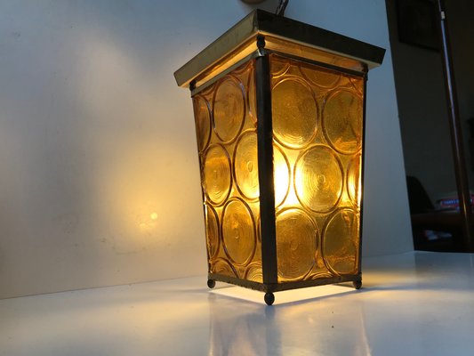 Danish Brass & Yellow Glass Funkis Ceiling Lamp, 1950s-LCR-666105