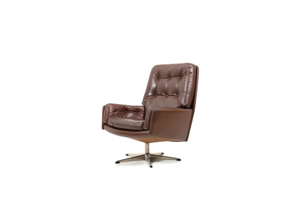 Danish Brown Leather Swivel Chair, 1960s-RA-554053