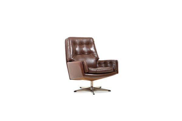 Danish Brown Leather Swivel Chair, 1960s-RA-554053