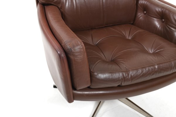 Danish Brown Leather Swivel Chair, 1960s-RA-554053