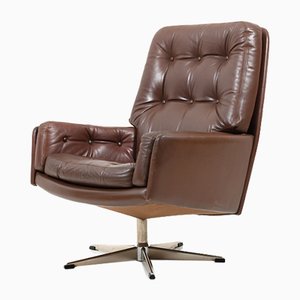 Danish Brown Leather Swivel Chair, 1960s-RA-554053