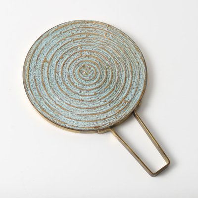 Danish Brutalist Brass and Ceramic Hand Mirror, 1970s-IXK-1800938