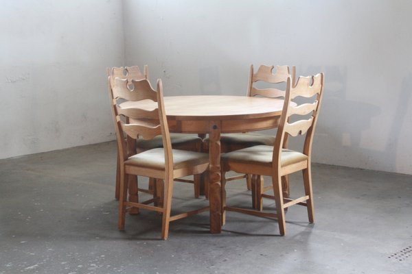 Danish Brutalist Oak Extending Dining Table in the style of Henning Kjærnulf, 1960s-QNP-2027726