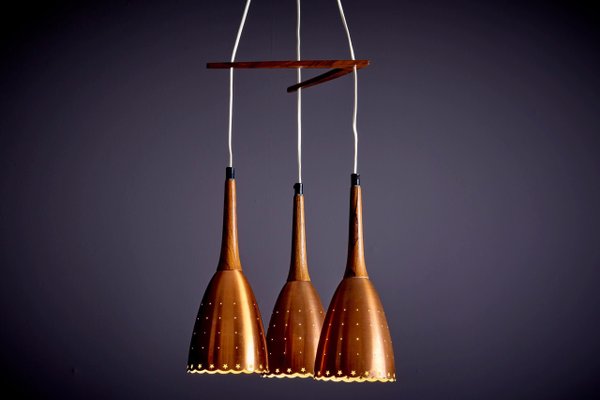 Danish Copper and Rosewood Caskade Pendant Lamp, 1950s-SFD-1730609