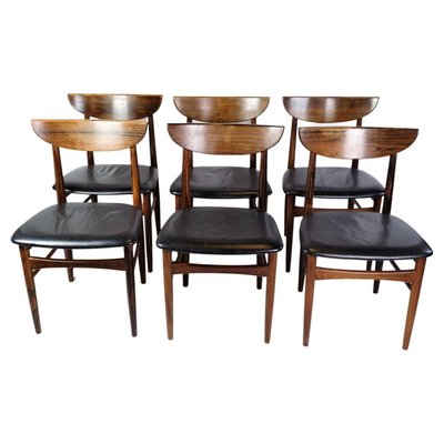 Danish Design Black Leather Rosewood Dining Table Chairs, Set of 6-UY-1271325