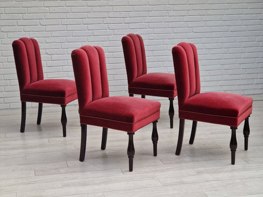 Danish Dinning Chairs in Oak Wood & Cherry-Red Velour, 1950s, Set of 4