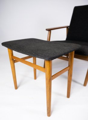 Danish Easy Chair with Stool in Teak and Dark Wool Fabric, 1960s-UY-942386