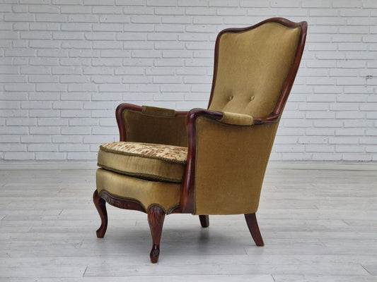 Danish Highback Armchair in Green Velour, 1950s