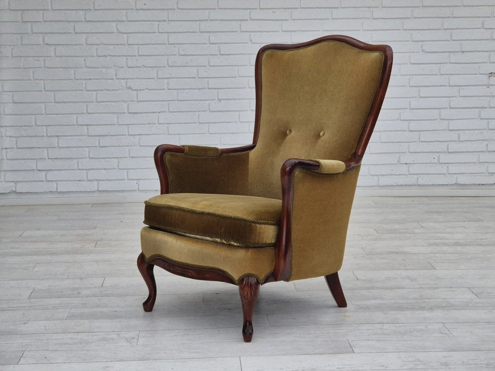 Danish Highback Armchair in Green Velour, 1950s