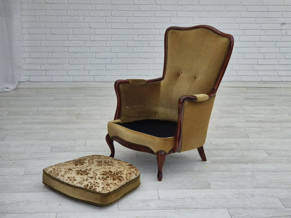 Danish Highback Armchair in Green Velour, 1950s